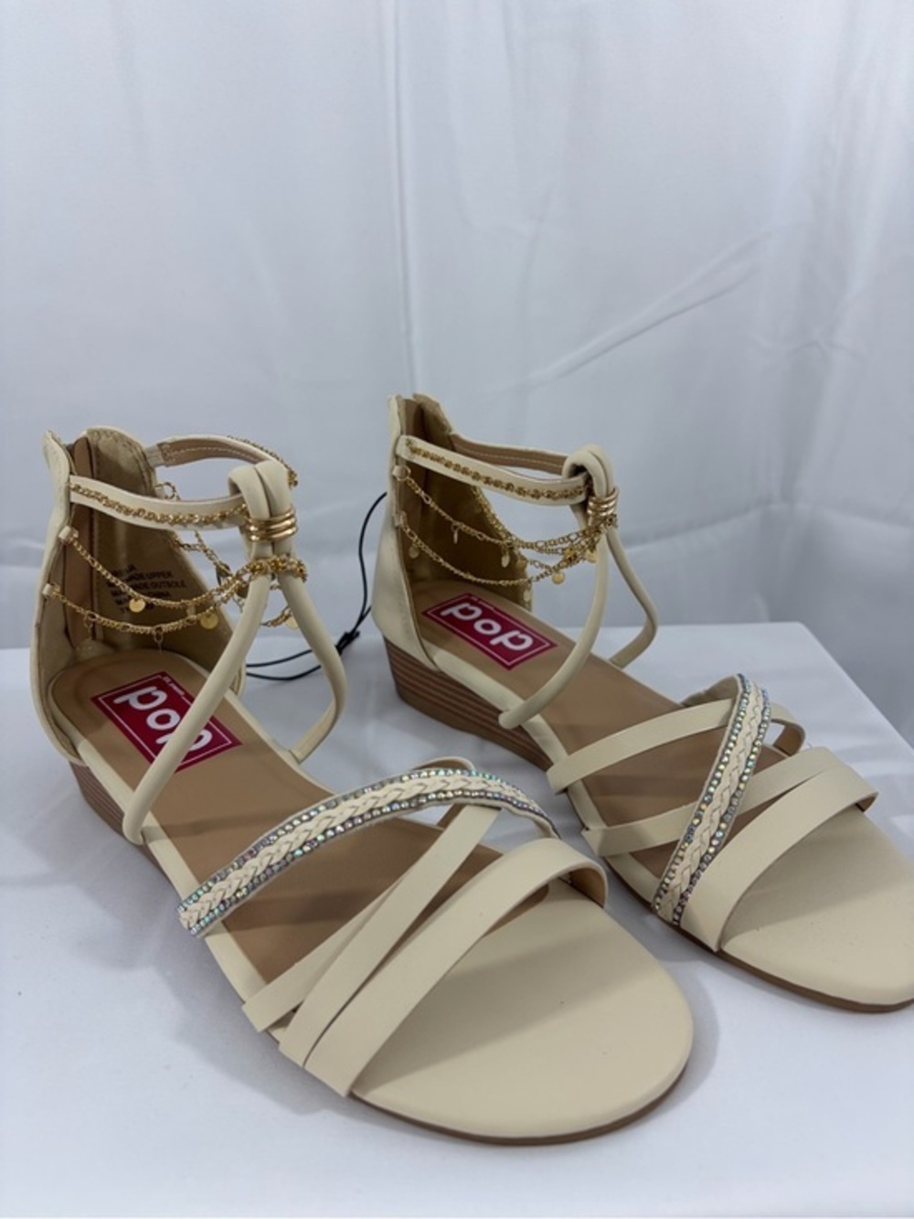 NWT POP Women’s Size 7 Beige Embellished Ankle-Strap Wedge Sandals